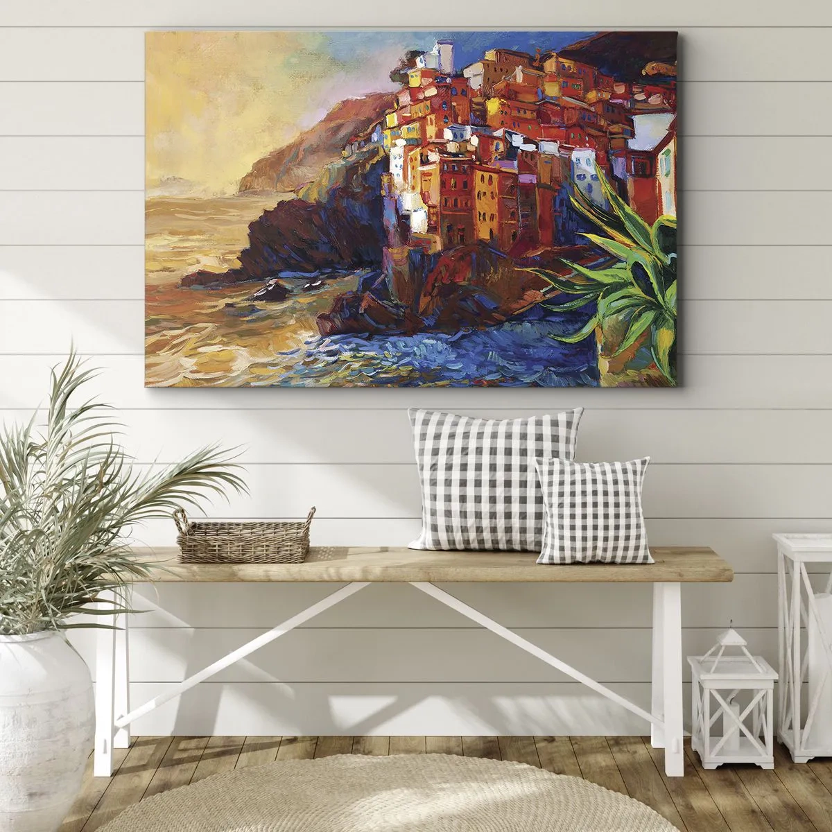 Obraz na plátne - Farebné domy na útese nad morom - 70x50cm - Taliansky nádych - Moderná nástenná dekorácia do obývacej izby a spálne ARTTOR
