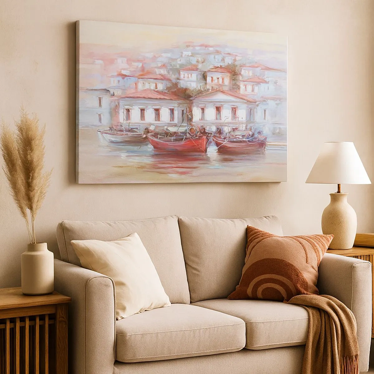 Obraz na plátne - Farebné lode a malebné budovy pri vode v pastelových odtieňoch - 70x50cm - Šťastné mestečko - Moderná nástenná dekorácia do obývacej izby a spálne ARTTOR