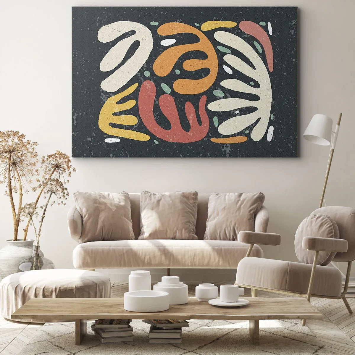 Obraz na plátne - Abstraktné tvary v teplých farbách na tmavom pozadí - 70x50cm - Kompozícia – hneď ťa chytím - Moderná nástenná dekorácia do obývacej izby a spálne ARTTOR