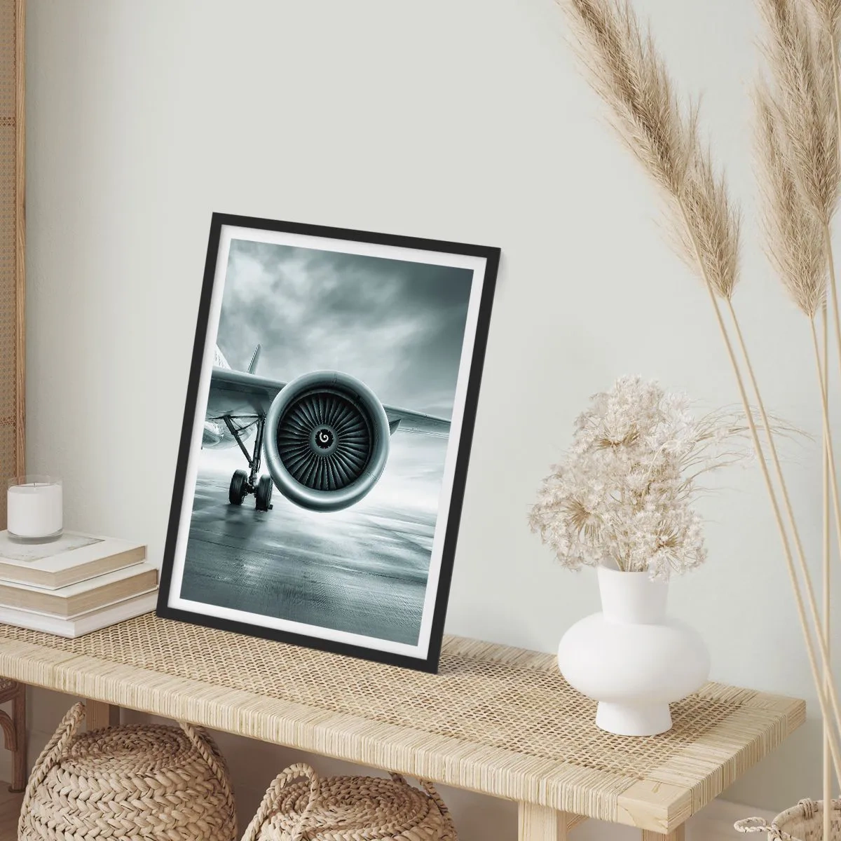 Plagát v čiernom ráme - Prúdový motor lietadla v monochromatických tónoch - 50x70cm - Toto je sila! - Moderná nástenná dekorácia do obývacej izby a spálne ARTTOR