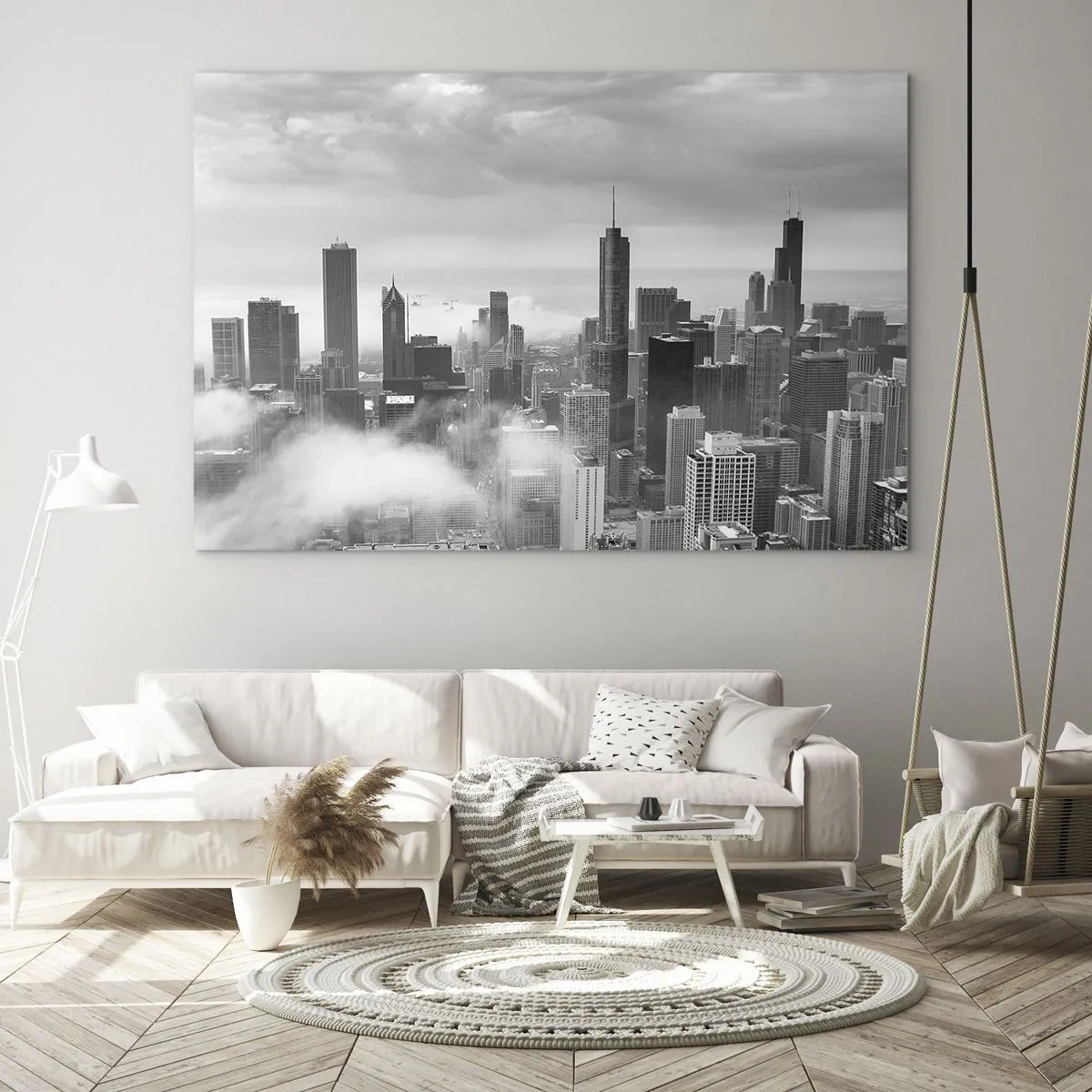 Obraz na skle - Panoráma mesta s mrakodrapmi v čiernobielej farbe - 70x50cm - Americká krajina - Moderná nástenná dekorácia do obývacej izby a spálne ARTTOR