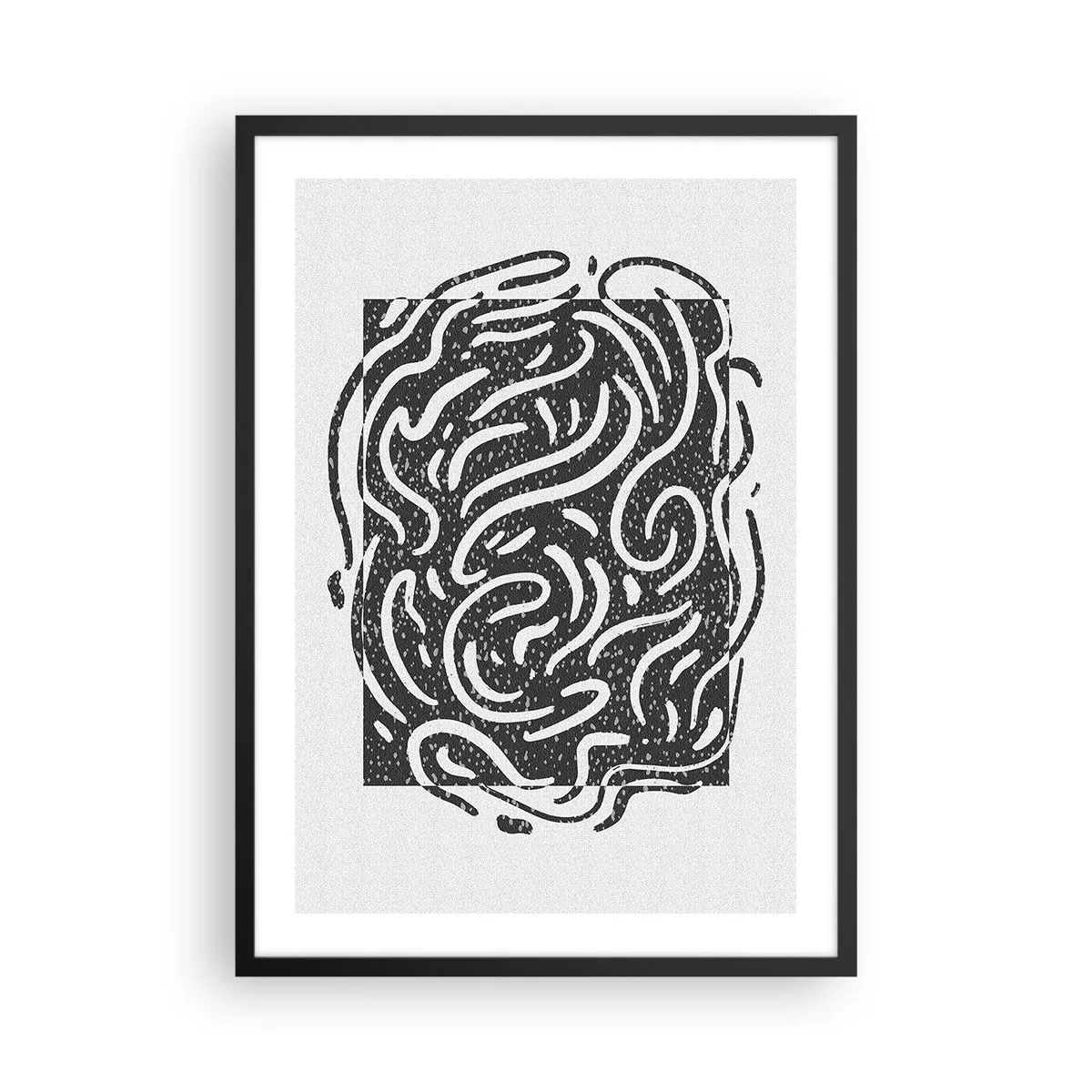 Plagát v čiernom ráme - Abstraktná kompozícia s dynamickými líniami a tvarmi v čiernej a bielej farbe. - 50x70cm - Abstrakcia: tanec radosti - Moderná nástenná dekorácia do obývacej izby a spálne ARTTOR