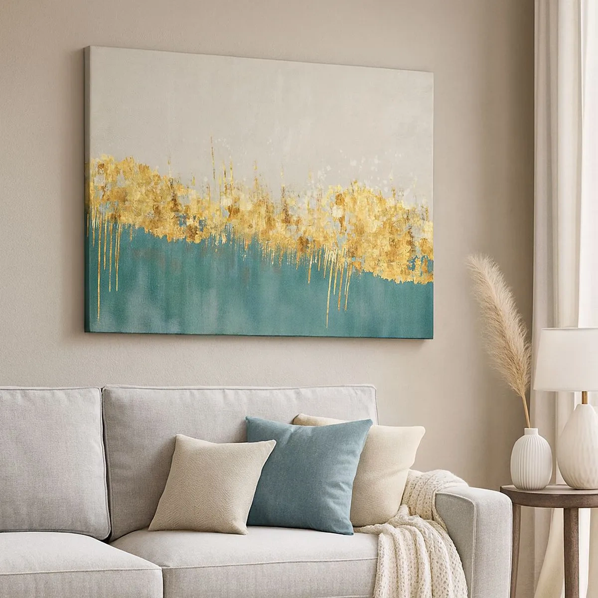 Obraz na plátne - Zlaté akcenty na zeleno-béžovom pozadí - 70x50cm - Zlatá hranica - Moderná nástenná dekorácia do obývacej izby a spálne ARTTOR