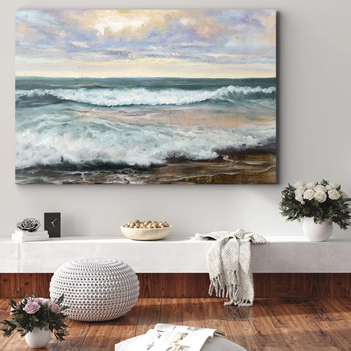 Obraz na plátne - Morské vlny proti zamračenej oblohe pri západe slnka - 70x50cm - Tu uhladíš dušu - Moderná nástenná dekorácia do obývacej izby a spálne ARTTOR
