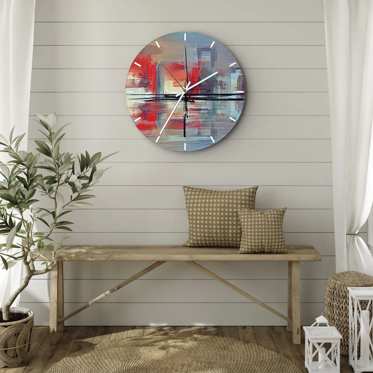 Nástenné hodiny - Farebná abstrakcia s geometrickými ťahmi štetcom - 30x30cm - Krajina v neznámej dimenzii - Moderná nástenná dekorácia do obývacej izby, kuchyne a spálne ARTTOR