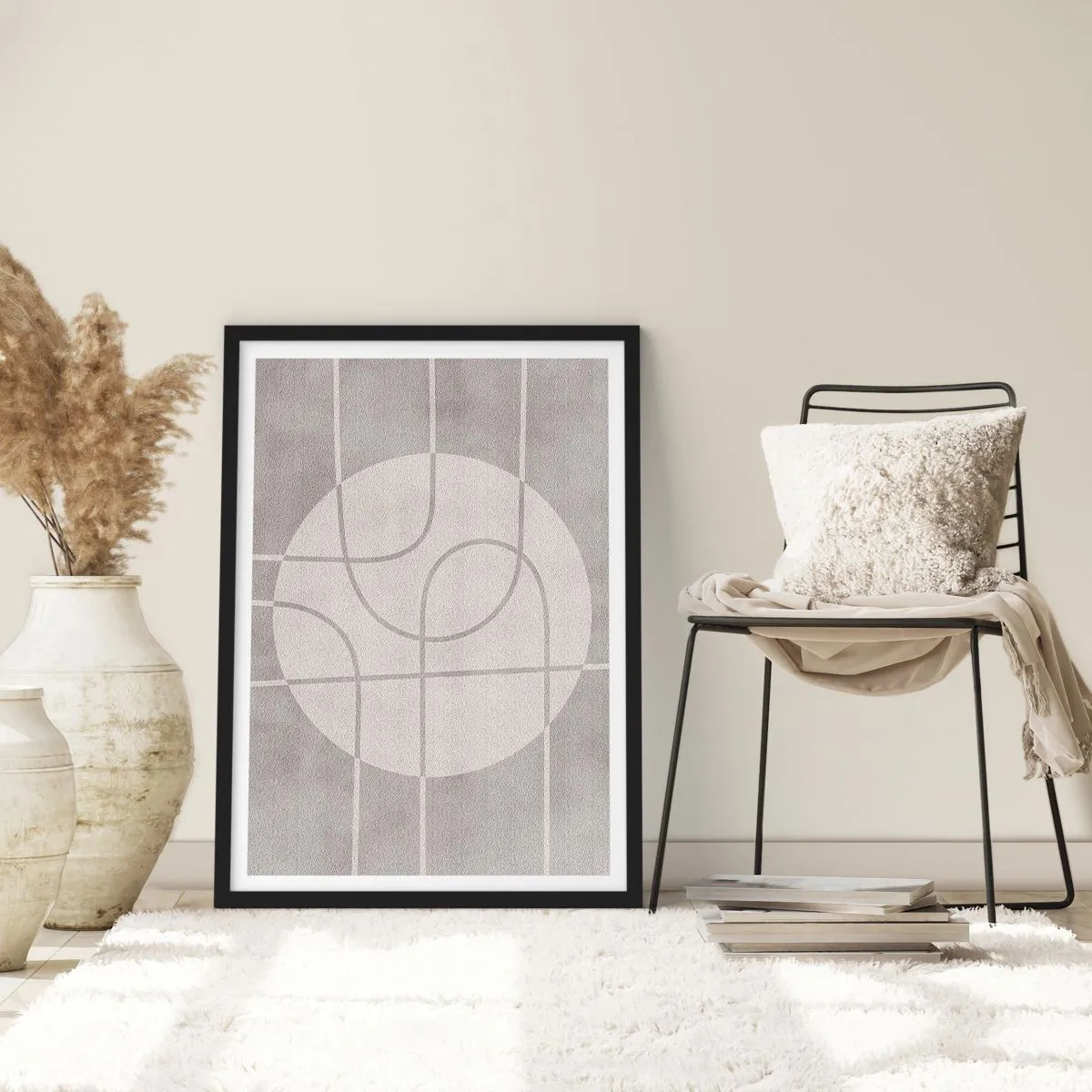 Plagát v čiernom ráme - Geometrické čiary a kruh v odtieňoch sivej - 50x70cm - Kruhovo a priamo - Moderná nástenná dekorácia do obývacej izby a spálne ARTTOR
