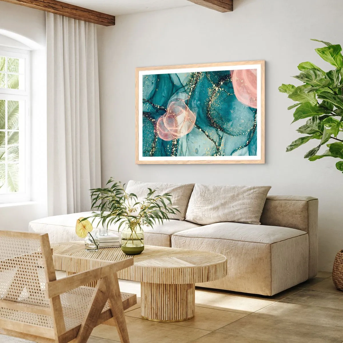 Plagát v ráme zo svetlého duba - Modré hodváb modré, ružový tyl - 91x61 cm