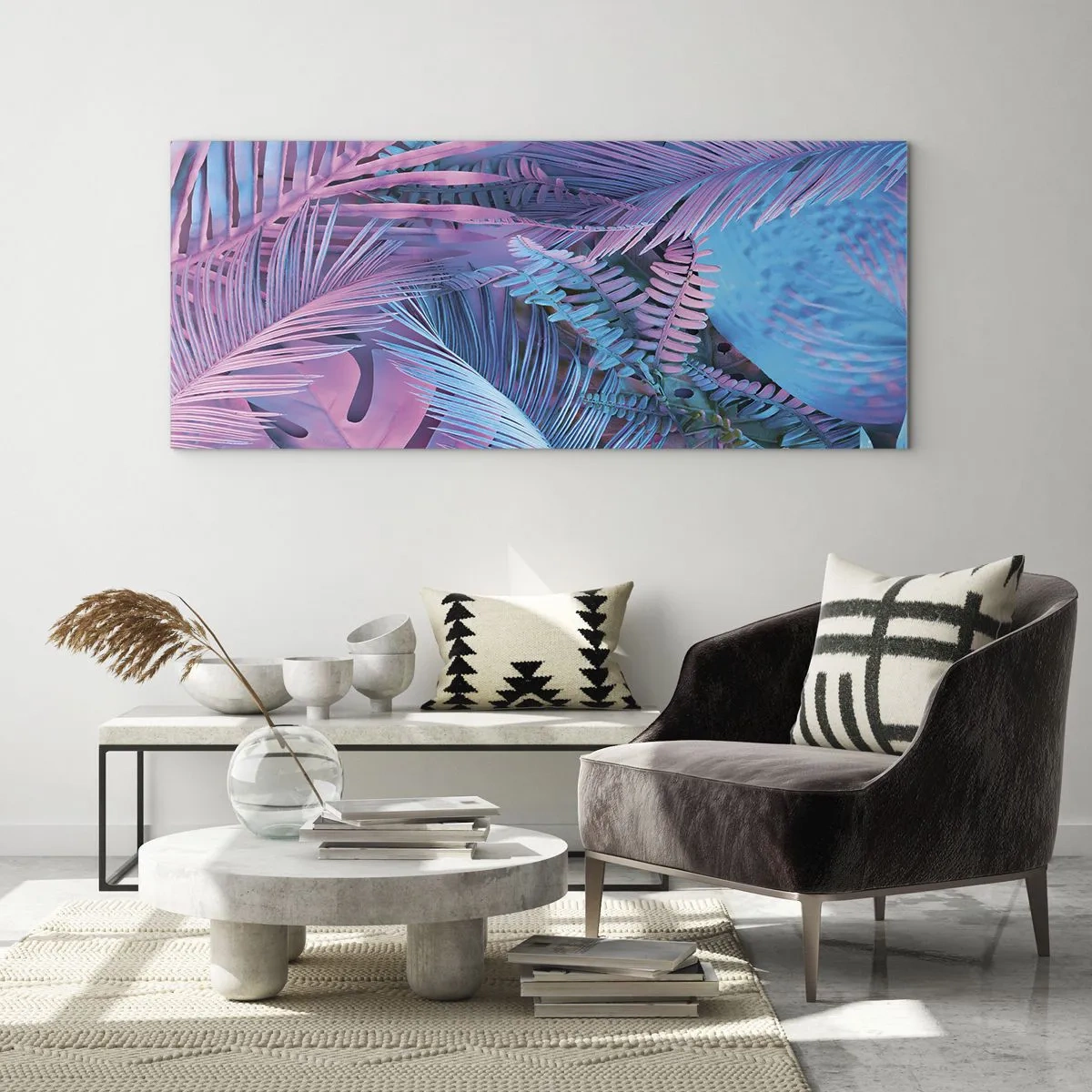 Obraz na skle - Tropy v ružovej a modrej - 100x40 cm