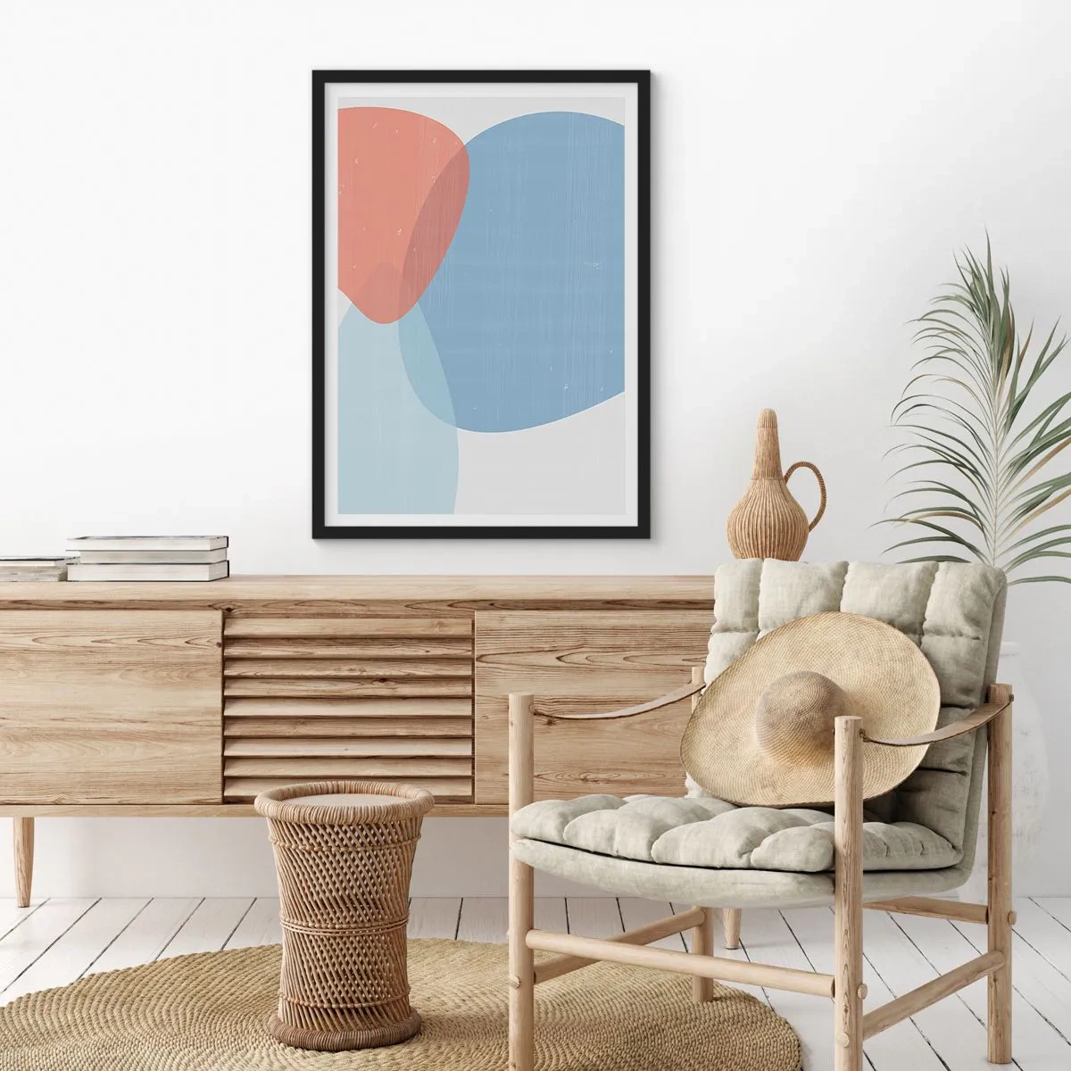 Plagát v čiernom ráme - Abstraktné tvary v modrých a béžových odtieňoch - 50x70cm - Pastelové vzťahy - Moderná nástenná dekorácia do obývacej izby a spálne ARTTOR
