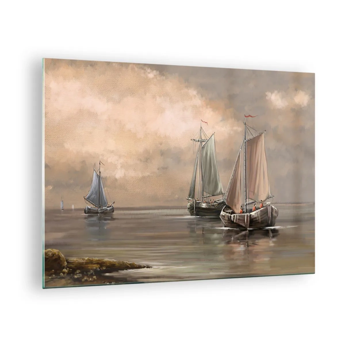 Obraz na skle - Tri plachetnice na pokojnom mori v pastelových farbách - 70x50cm - Návrat námorníkov - Moderná nástenná dekorácia do obývacej izby a spálne ARTTOR