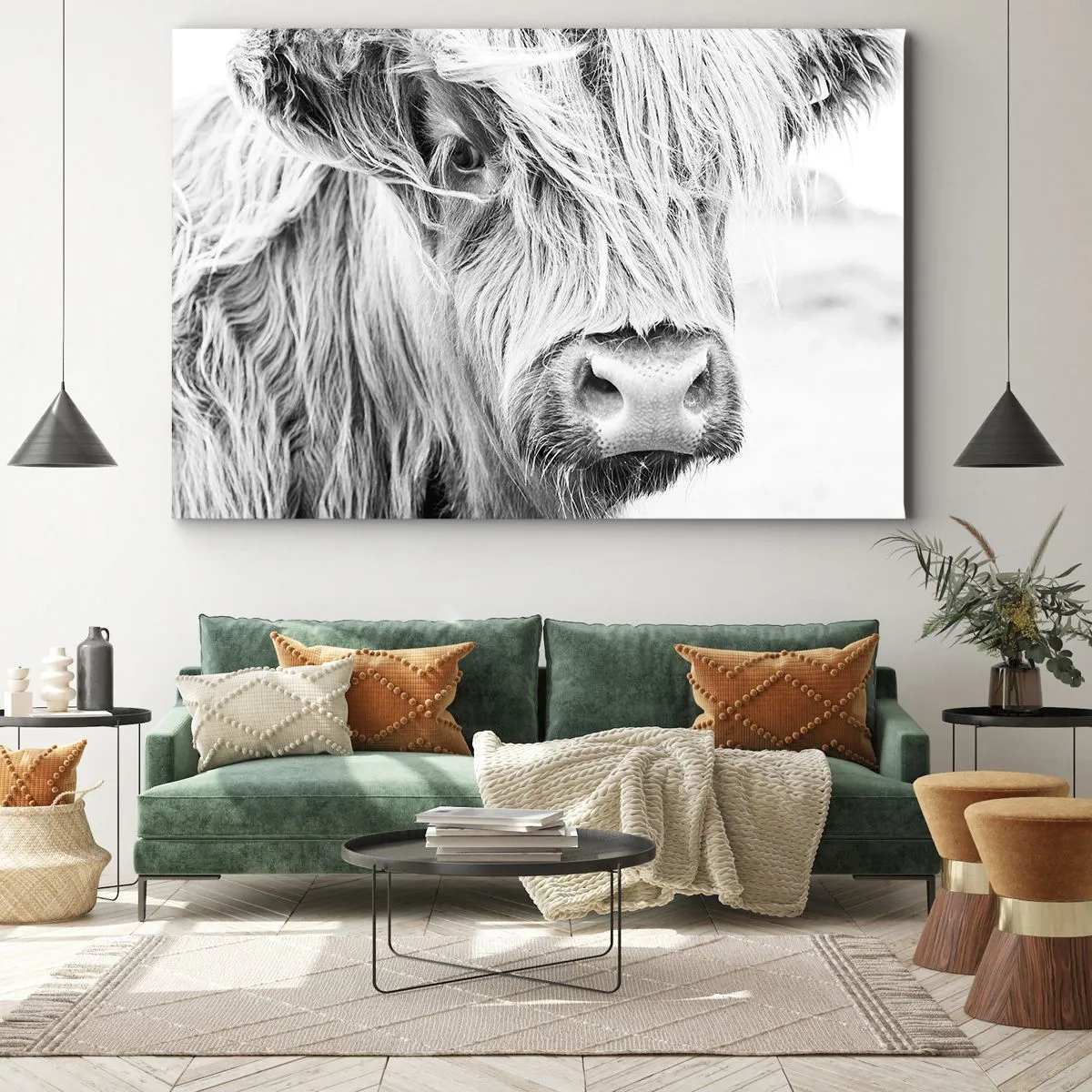 Obraz na plátne - Portrét škótskej kravy v čiernobielej farbe - 70x50cm - Škótska divokosť - Moderná nástenná dekorácia do obývacej izby a spálne ARTTOR