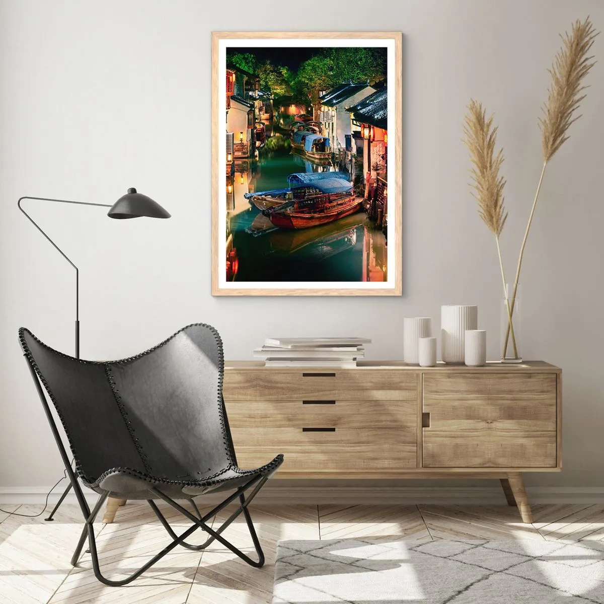 Plagát v ráme zo svetlého duba - Večer na čínskej ulici - 70x100 cm