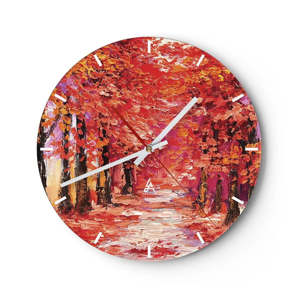 Nástenné hodiny - Jesenná ulička v intenzívnych odtieňoch červenej - 30x30cm - Jesenná impresia - Moderná nástenná dekorácia do obývacej izby, kuchyne a spálne ARTTOR