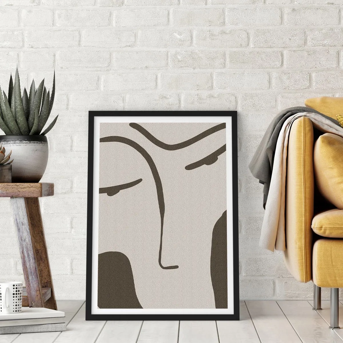 Plagát v čiernom ráme - Minimalistický portrét tváre - 50x70cm - Ako z Modiglianiho obrazu - Moderná nástenná dekorácia do obývacej izby a spálne ARTTOR
