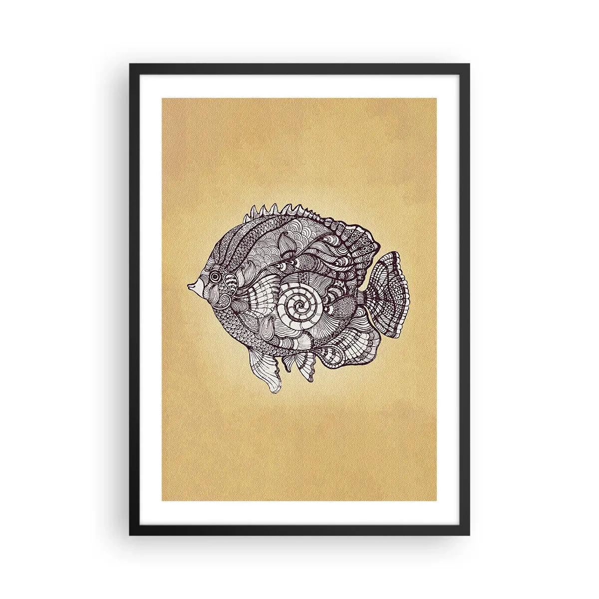 Plagát v čiernom ráme - Umelecká ryba v štýle mandaly na béžovom pozadí - 50x70cm - Z oceánu ornamentov - Moderná nástenná dekorácia do obývacej izby a spálne ARTTOR