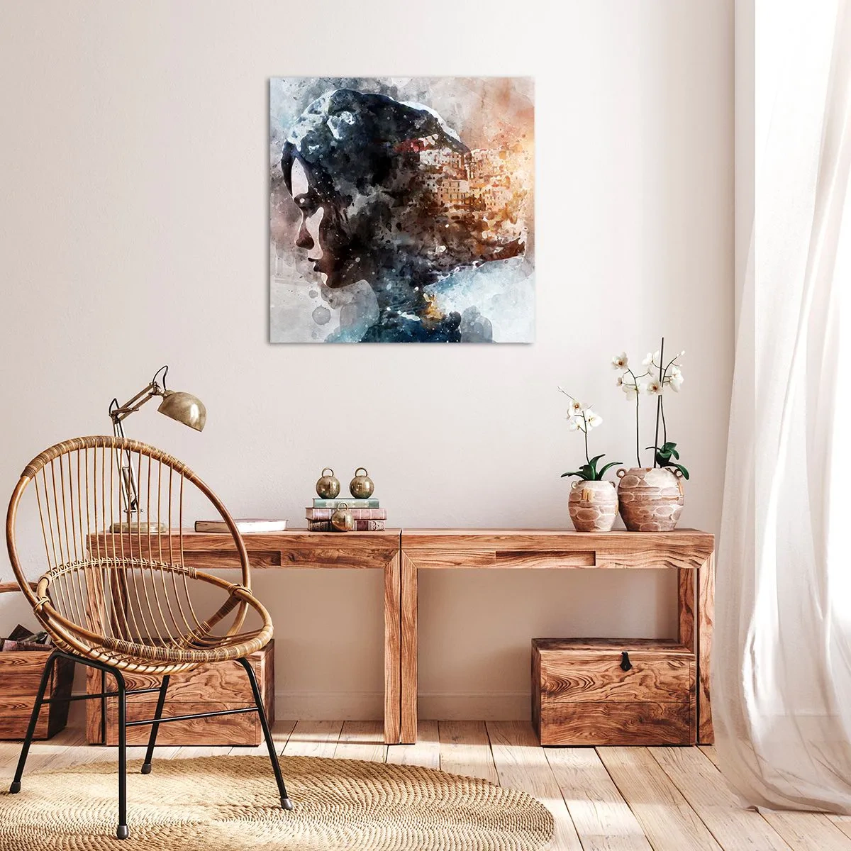 Obraz na plátne - Príbeh o dievčati s mestom v pozadí - 40x40 cm