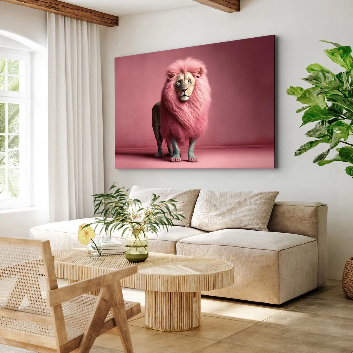 Obraz na plátne - Umelecky vykreslený lev s ružovou hrivou na ružovom pozadí - 70x50cm - A už sa nebojíš - Moderná nástenná dekorácia do obývacej izby a spálne ARTTOR