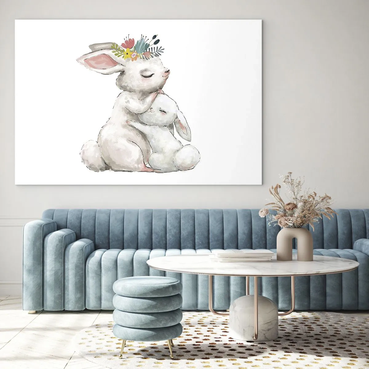 Obraz na skle - Dva plyšové králiky v pastelových farbách - 70x50cm - Najlepšie je u mamy - Moderná nástenná dekorácia do obývacej izby a spálne ARTTOR