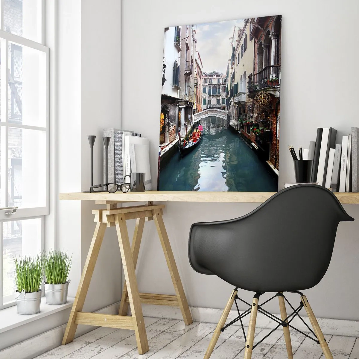 Obraz na skle - Benátska krajina s gondolou a mostíkom - 50x70 cm