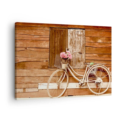 Obraz na plátne - Bicykel s košíkom plným ruží pri drevenej stene - 70x50cm - Hneď sa vrátim - Moderná nástenná dekorácia do obývacej izby a spálne ARTTOR