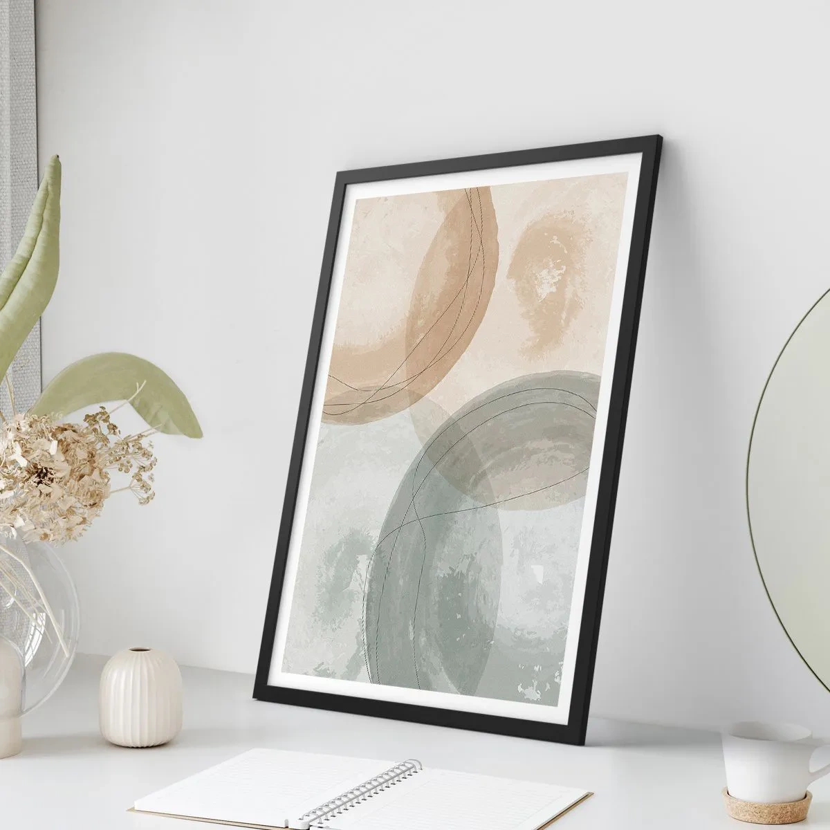 Plagát v čiernom ráme - Geometrické tvary v pastelových zemitých tónoch - 50x70cm - Prenikanie svetov - Moderná nástenná dekorácia do obývacej izby a spálne ARTTOR