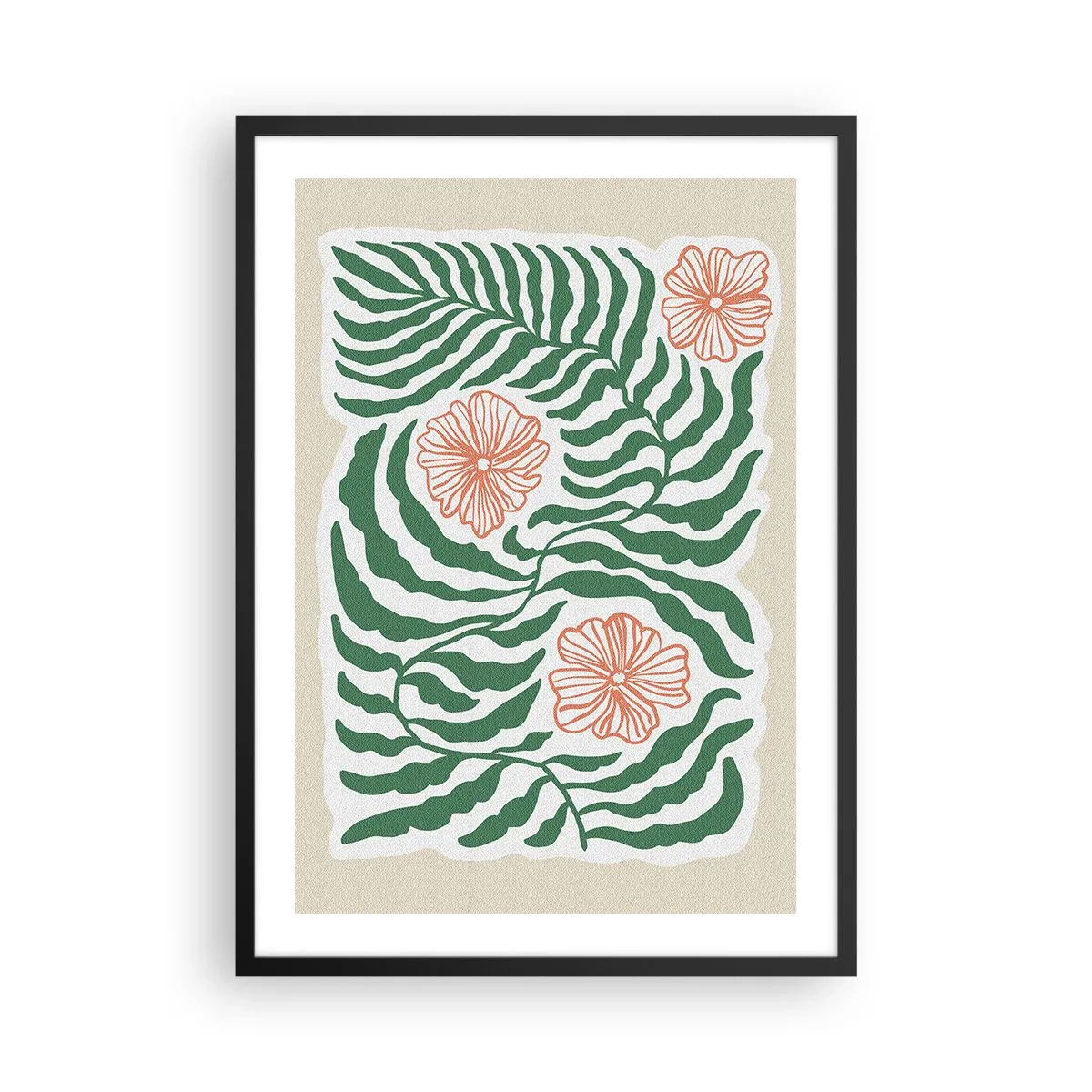 Plagát v čiernom ráme - Abstraktná grafika listov a kvetov na béžovom pozadí - 50x70cm - Rozkvitnuté v zeleni - Moderná nástenná dekorácia do obývacej izby a spálne ARTTOR