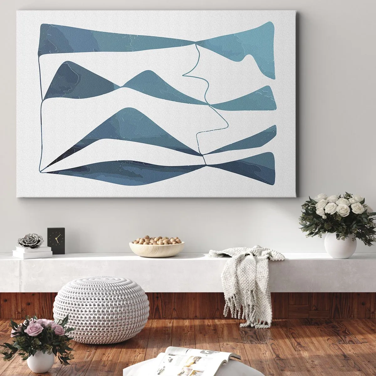 Obraz na plátne - Abstraktné tvary v odtieňoch modrej na bielom pozadí - 70x50cm - Abstrakcia: tyrkysový vzťah - Moderná nástenná dekorácia do obývacej izby a spálne ARTTOR
