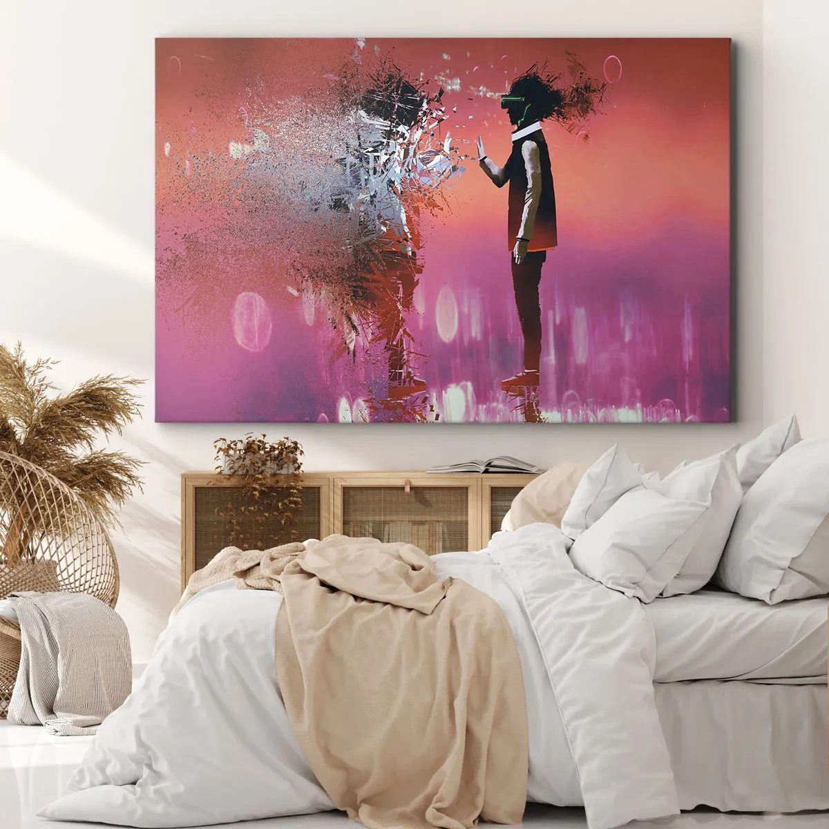 Obraz na plátne - Abstraktná scéna s futuristickou postavou a rozptýlenými prvkami. - 70x50cm - Je možné nahliadnuť do seba? - Moderná nástenná dekorácia do obývacej izby a spálne ARTTOR