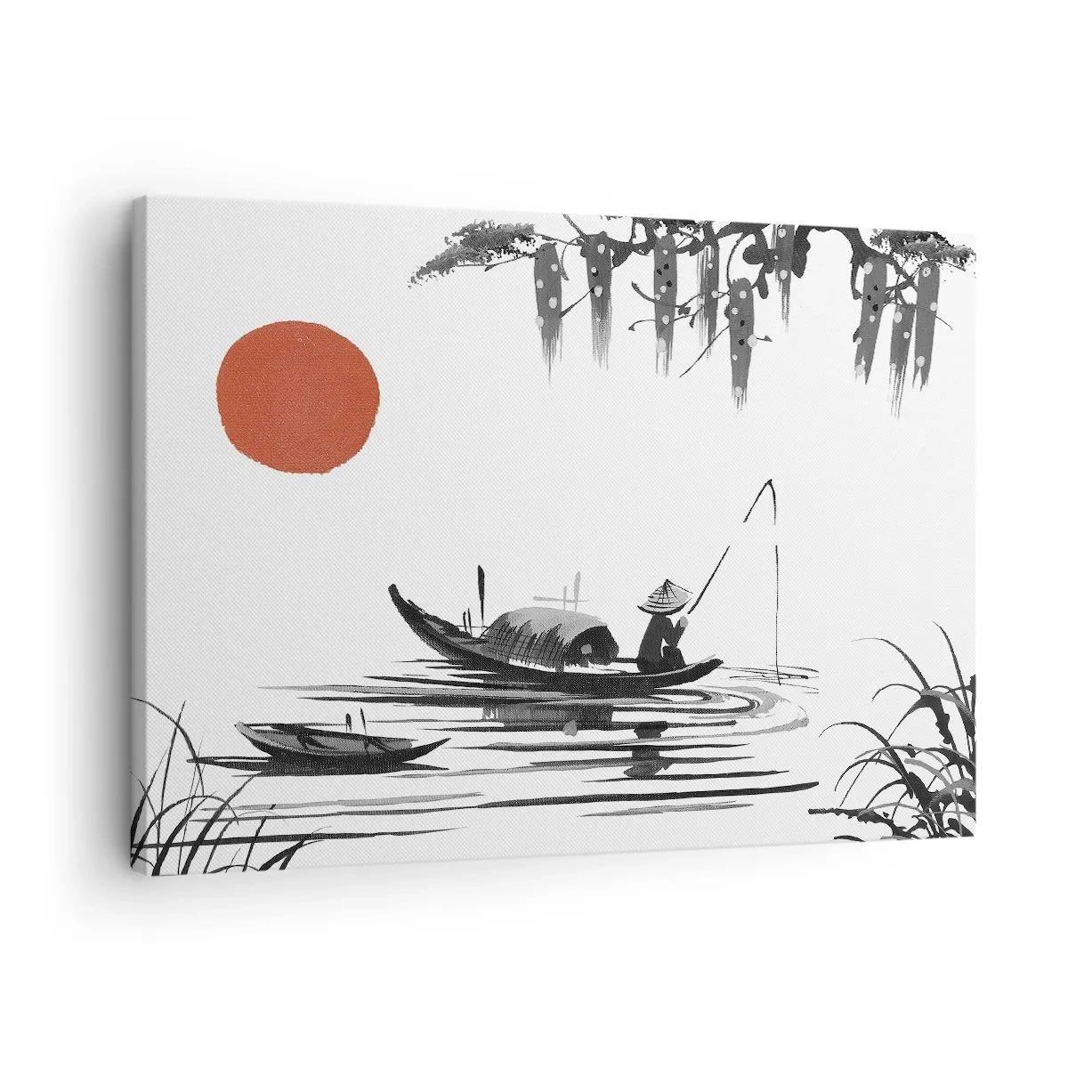 Obraz na plátne - Orientálna krajina s rybárom na člne a červeným slnkom - 70x50cm - Ázijské popoludnie - Moderná nástenná dekorácia do obývacej izby a spálne ARTTOR