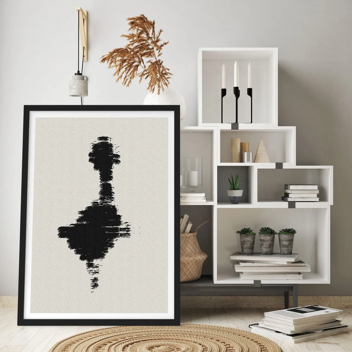 Plagát v čiernom ráme - Minimalistická abstrakcia v čiernej a bielej farbe - 50x70cm - Vibrácie predstavivosti - Moderná nástenná dekorácia do obývacej izby a spálne ARTTOR