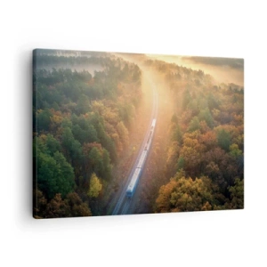Obraz na plátne - Vlak v jesennom lese za úsvitu - 70x50cm - Jesenná cesta - Moderná nástenná dekorácia do obývacej izby a spálne ARTTOR