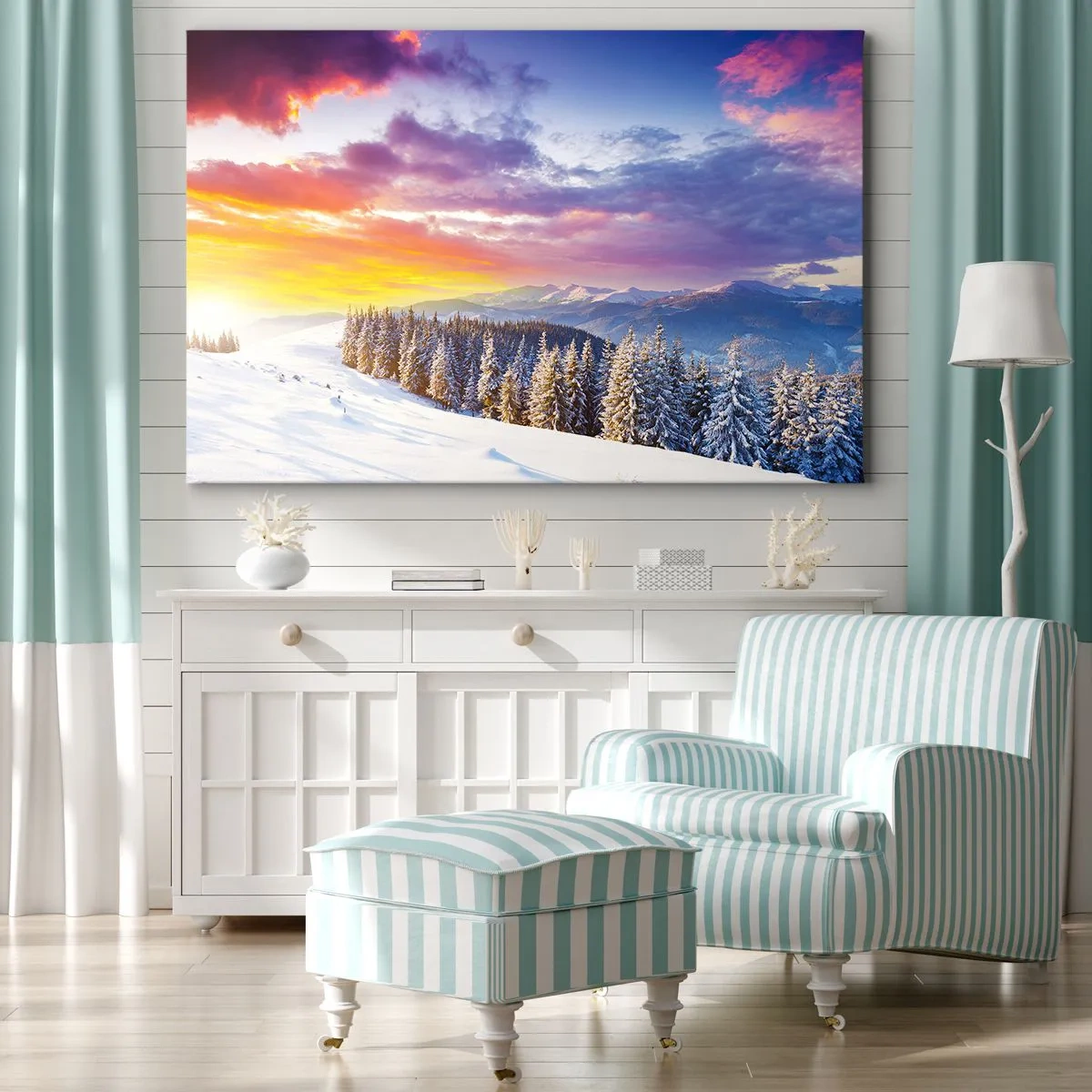 Obraz na plátne - Zimná krajina s horami a lesom pri západe slnka - 70x50cm - Za bieleho dňa - Moderná nástenná dekorácia do obývacej izby a spálne ARTTOR