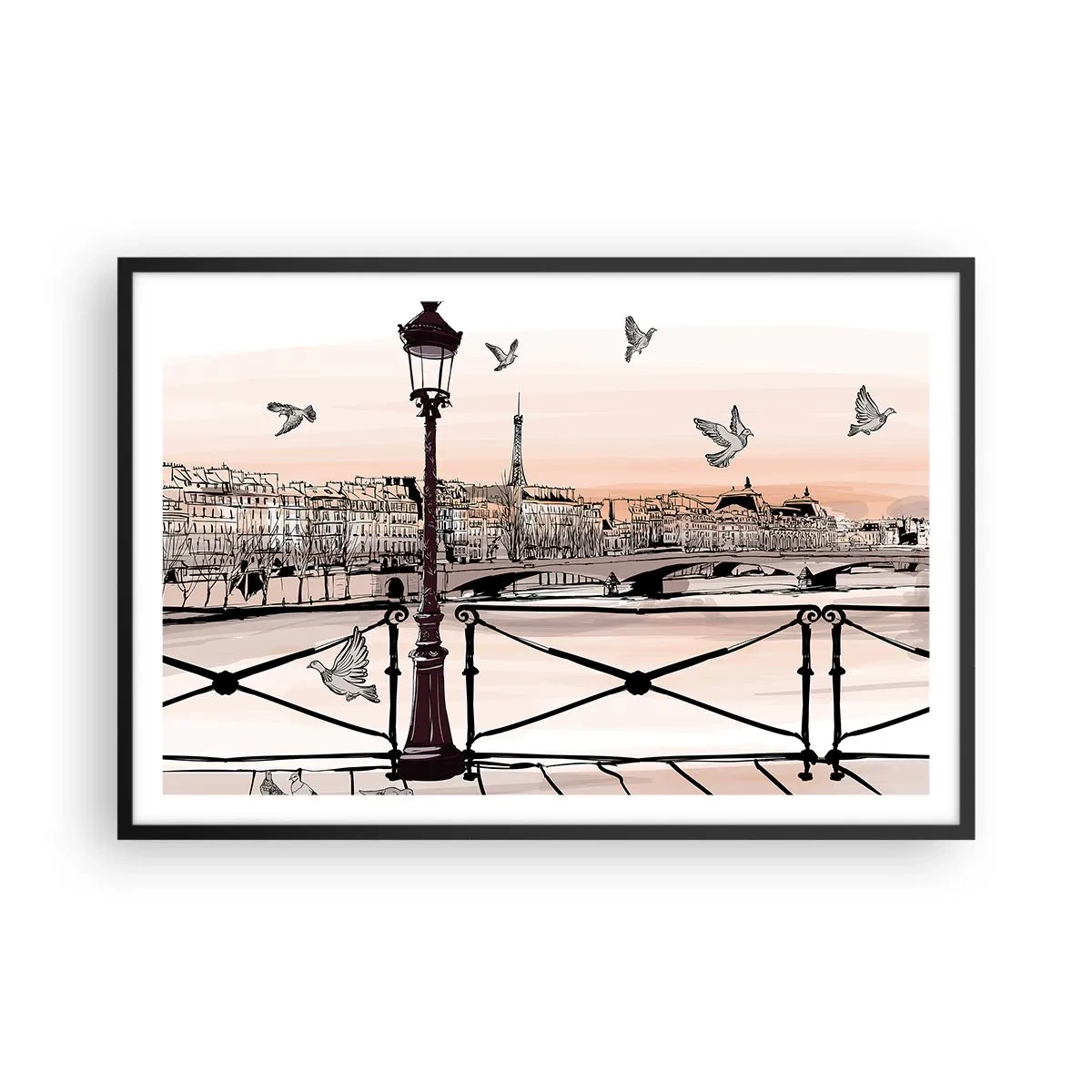 Plagát v čiernom ráme - Nad strechami Paríža - 91x61 cm