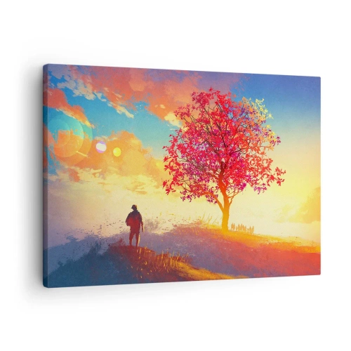 Obraz na plátne - Postava na kopci vedľa farebného stromu vo svetle zapadajúceho slnka - 70x50cm - Pútnik pri cieli - Moderná nástenná dekorácia do obývacej izby a spálne ARTTOR