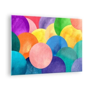 Obraz na skle - Farebné kruhy v abstraktnej kompozícii na svetlom pozadí - 70x50cm - Pôvodná plnosť života - Moderná nástenná dekorácia do obývacej izby a spálne ARTTOR
