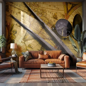 Fototapeta Standard Eco - Starožitná mapa sveta s kompasom a kružidlom na zlatom pozadí - 100x70cm - Kde sú tie poklady? - Moderná nástenná dekorácia do obývacej izby a spálne ARTTOR