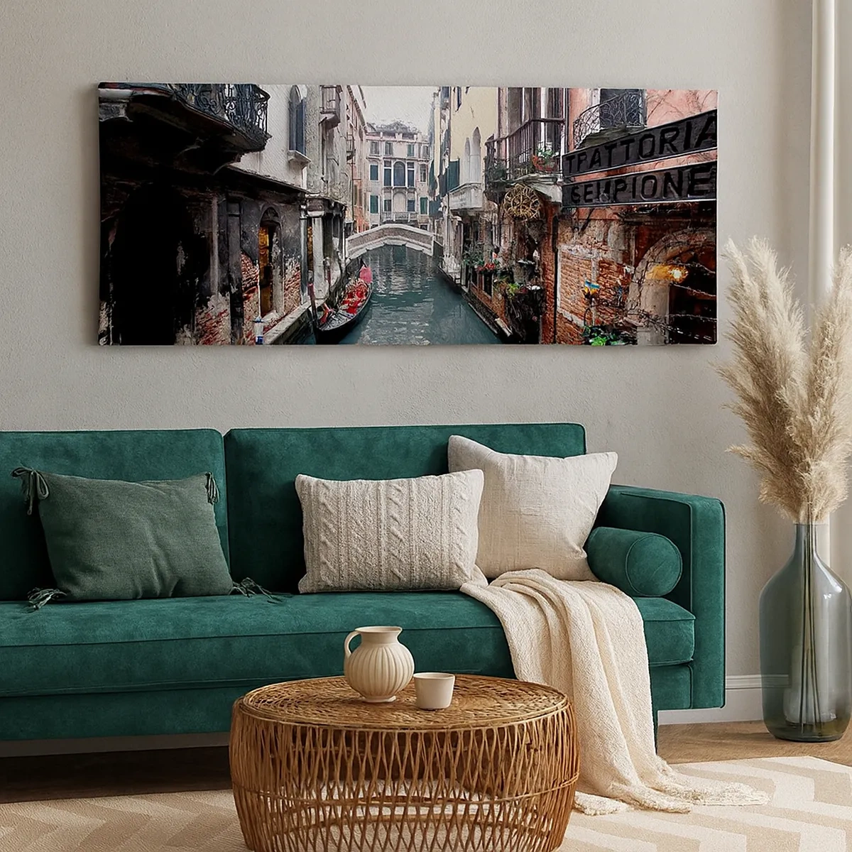 Obraz na plátne - Benátska krajina s gondolou a mostíkom - 30x30 cm