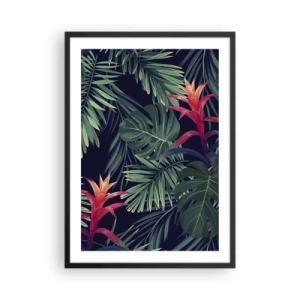 Plagát v čiernom ráme - Tropické listy a kvety na tmavom pozadí - 50x70cm - Vzplanúť v zelenom - Moderná nástenná dekorácia do obývacej izby a spálne ARTTOR