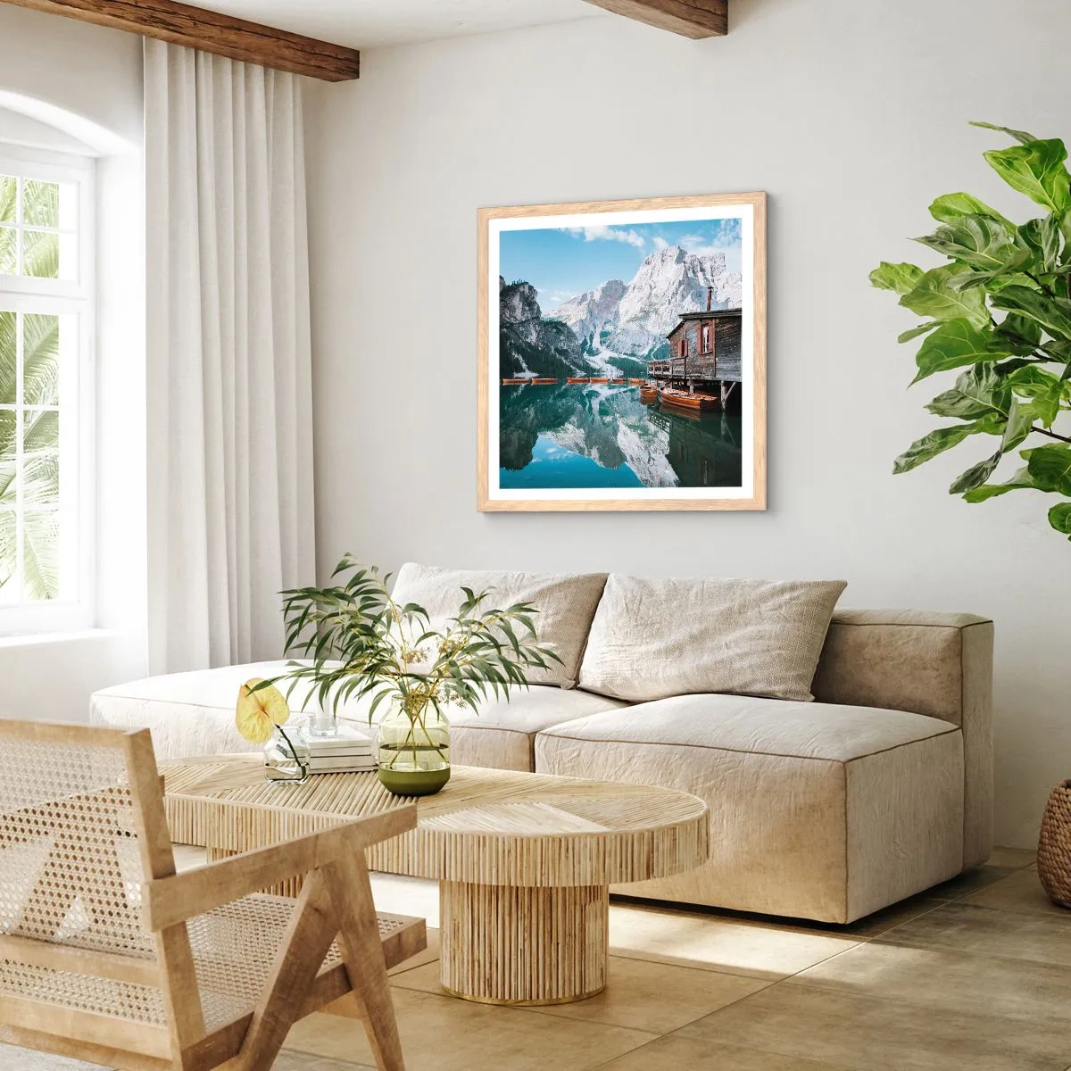 Plagát v ráme zo svetlého duba - Kryštalické, horské ráno - 60x60 cm