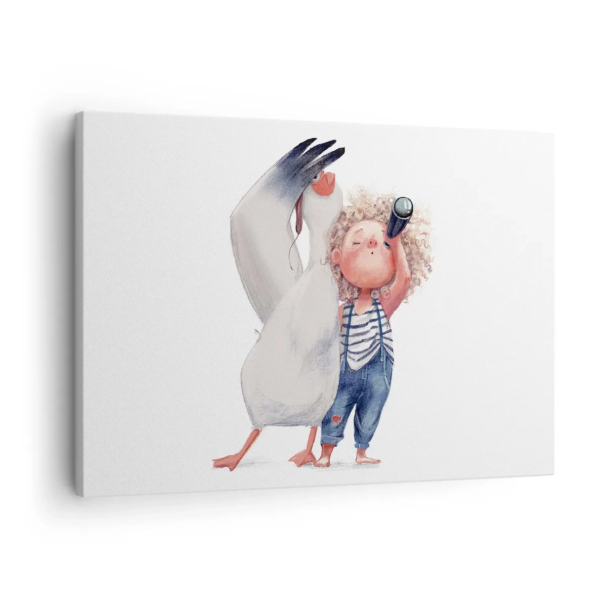 Obraz na plátne - Ilustrácia dieťaťa s pelikánom a ďalekohľadom v ruke - 70x50cm - Plán na skvelú cestu - Moderná nástenná dekorácia do obývacej izby a spálne ARTTOR