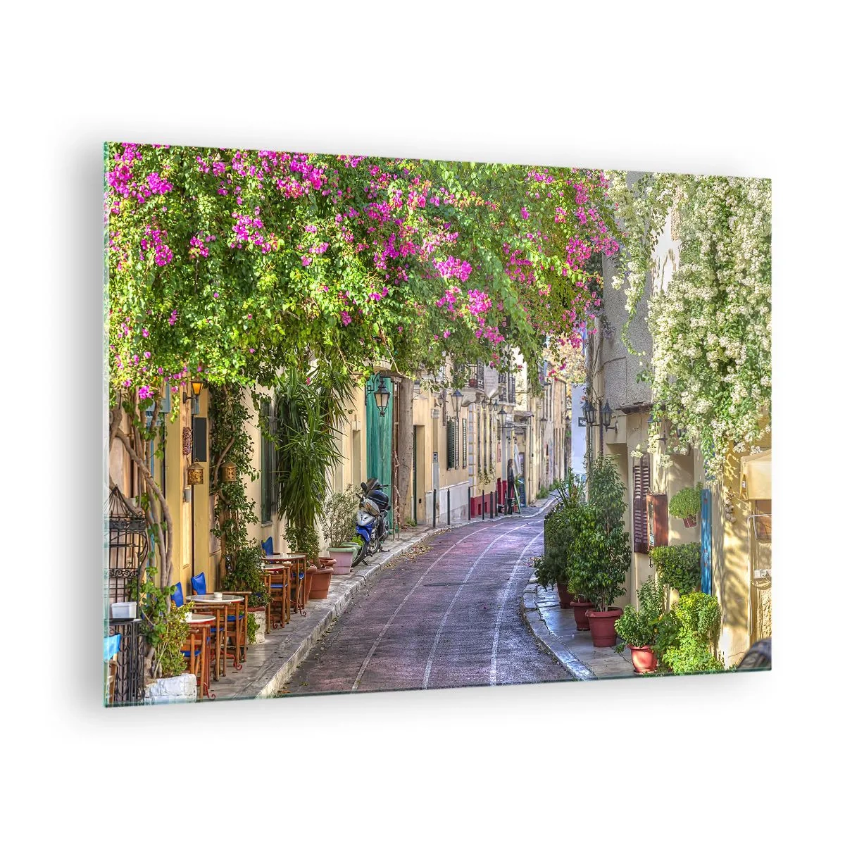 Obraz na skle - Očarujúca ulica s kvitnúcimi stromami - 70x50cm - Kvitnúce zákutie - Moderná nástenná dekorácia do obývacej izby a spálne ARTTOR