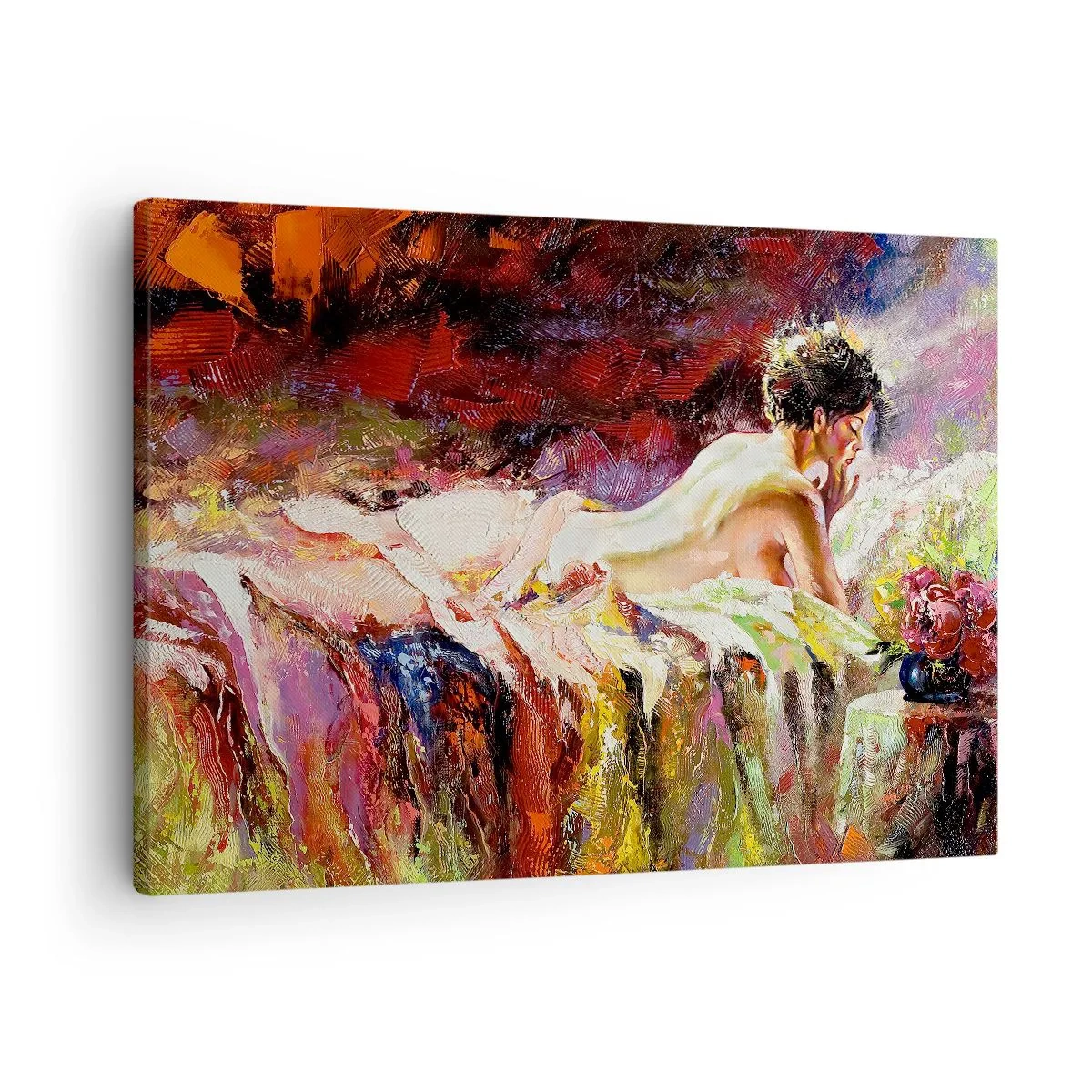 Obraz na plátne - Žena ležiaca na posteli na pozadí abstraktných farieb. - 70x50cm - Zamyslená Venuša - Moderná nástenná dekorácia do obývacej izby a spálne ARTTOR