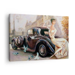 Obraz na plátne - Retro žena vedľa klasického auta - 70x50cm - Elegancia v retro štýle - Moderná nástenná dekorácia do obývacej izby a spálne ARTTOR