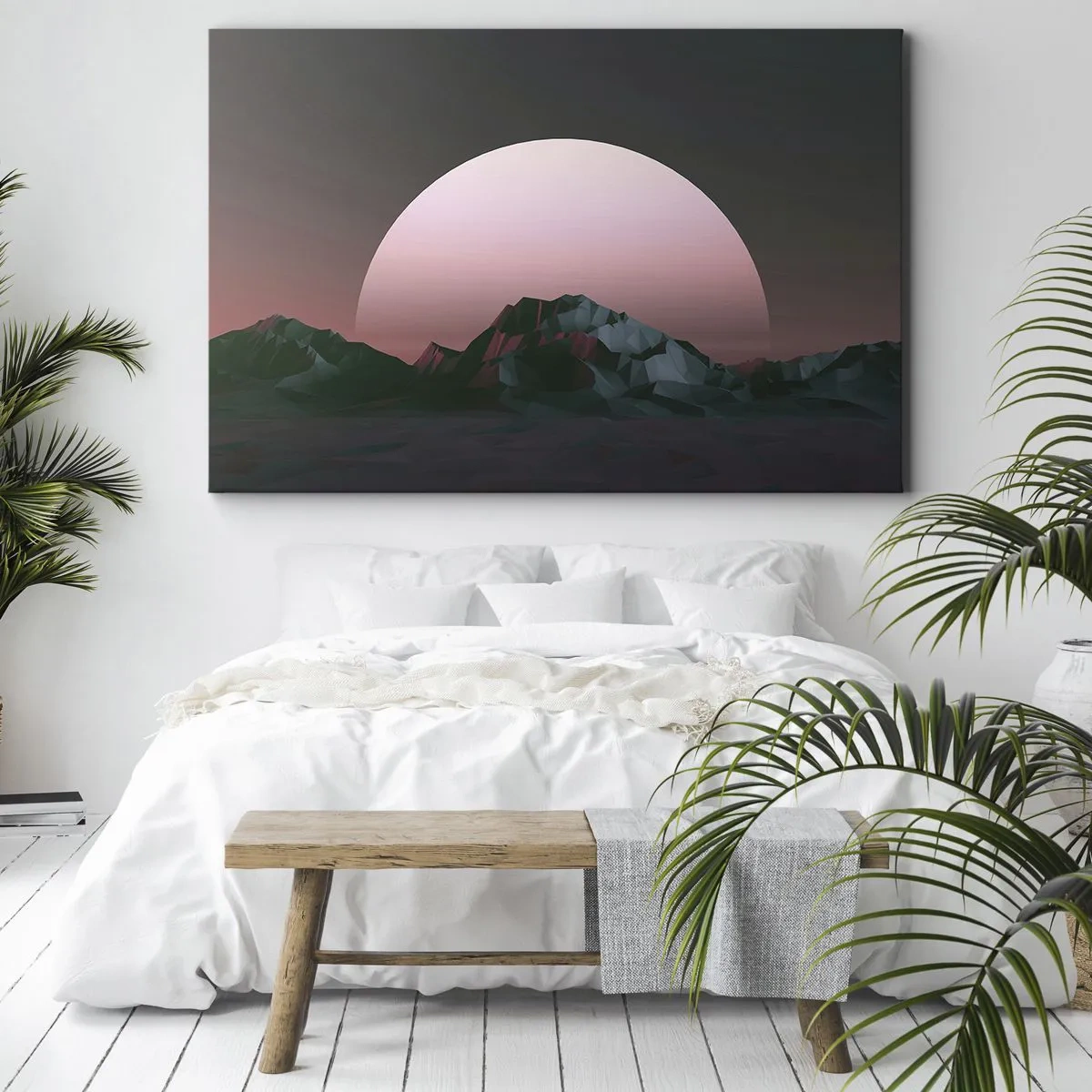 Obraz na plátne - Geometrické hory so zapadajúcim slnkom v pozadí - 70x50cm - V susednej galaxii - Moderná nástenná dekorácia do obývacej izby a spálne ARTTOR