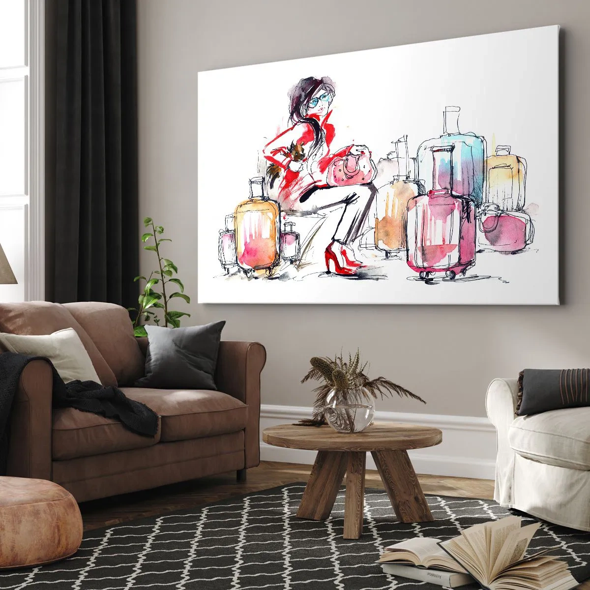 Obraz na plátne - Žena s kuframi v dynamickej akvarelovej ilustrácii - 70x50cm - Posaďme sa pred cestou - Moderná nástenná dekorácia do obývacej izby a spálne ARTTOR