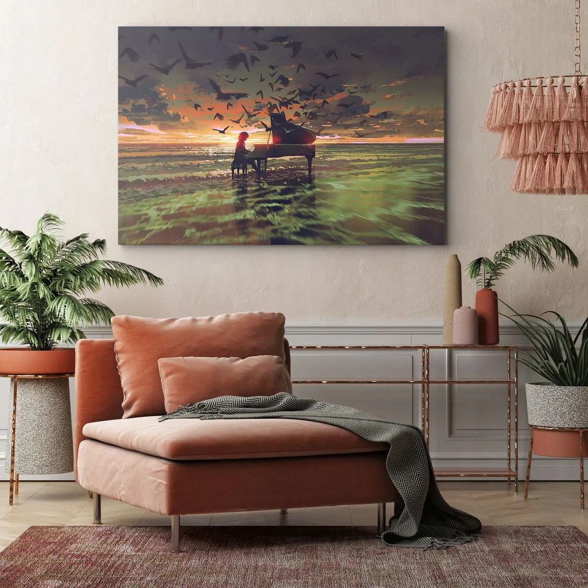 Obraz na plátne - Klavír na pobreží pri západe slnka s vtákmi - 70x50cm - Koncert na piano a vlny - Moderná nástenná dekorácia do obývacej izby a spálne ARTTOR