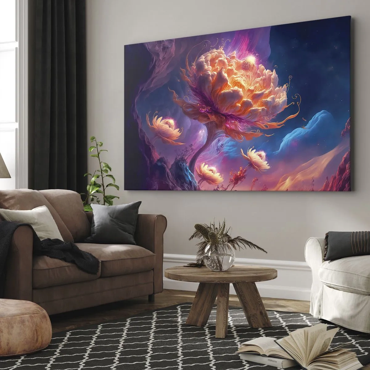 Obraz na plátne - Fantastické kvety v kozmickej krajine - 70x50cm - Iný svet - Moderná nástenná dekorácia do obývacej izby a spálne ARTTOR