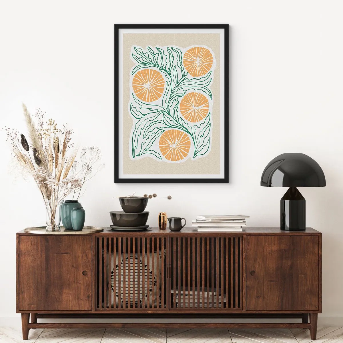 Plagát v čiernom ráme - Abstraktná kompozícia z listov a pomarančov na béžovom pozadí - 50x70cm - Etnicky s abstraktným nádychom - Moderná nástenná dekorácia do obývacej izby a spálne ARTTOR