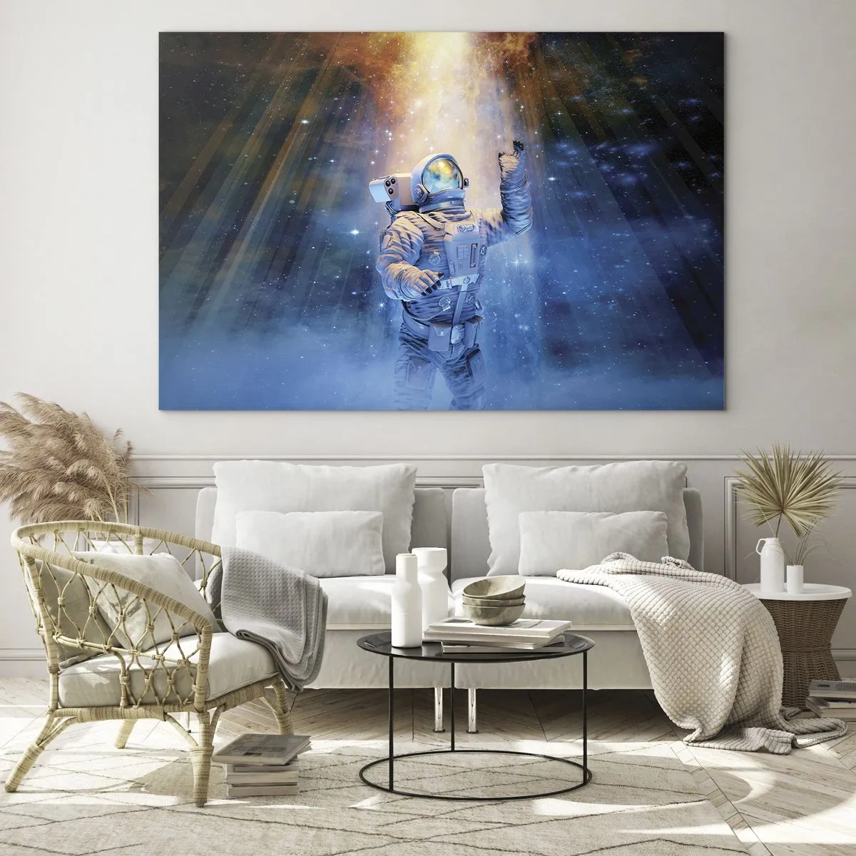 Obraz na skle - Astronaut vo vesmíre osvetlený lúčmi svetla - 70x50cm - Konečne v cieli - Moderná nástenná dekorácia do obývacej izby a spálne ARTTOR