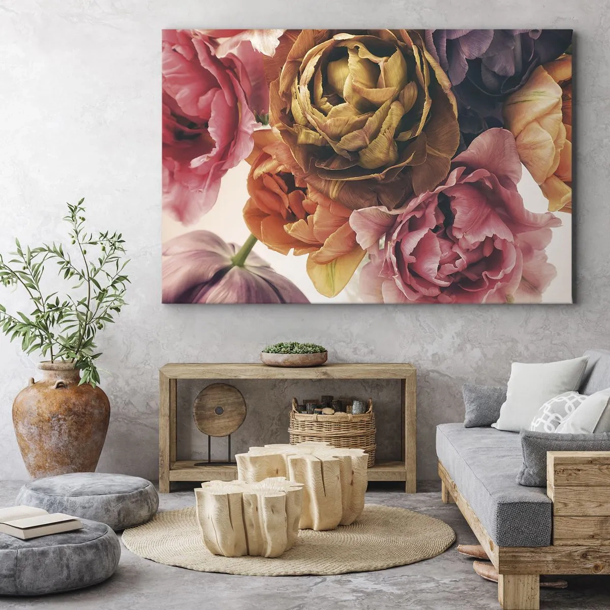 Obraz na plátne - Kytica rôznych kvetov v intenzívnych farbách - 70x50cm - Oslava života - Moderná nástenná dekorácia do obývacej izby a spálne ARTTOR